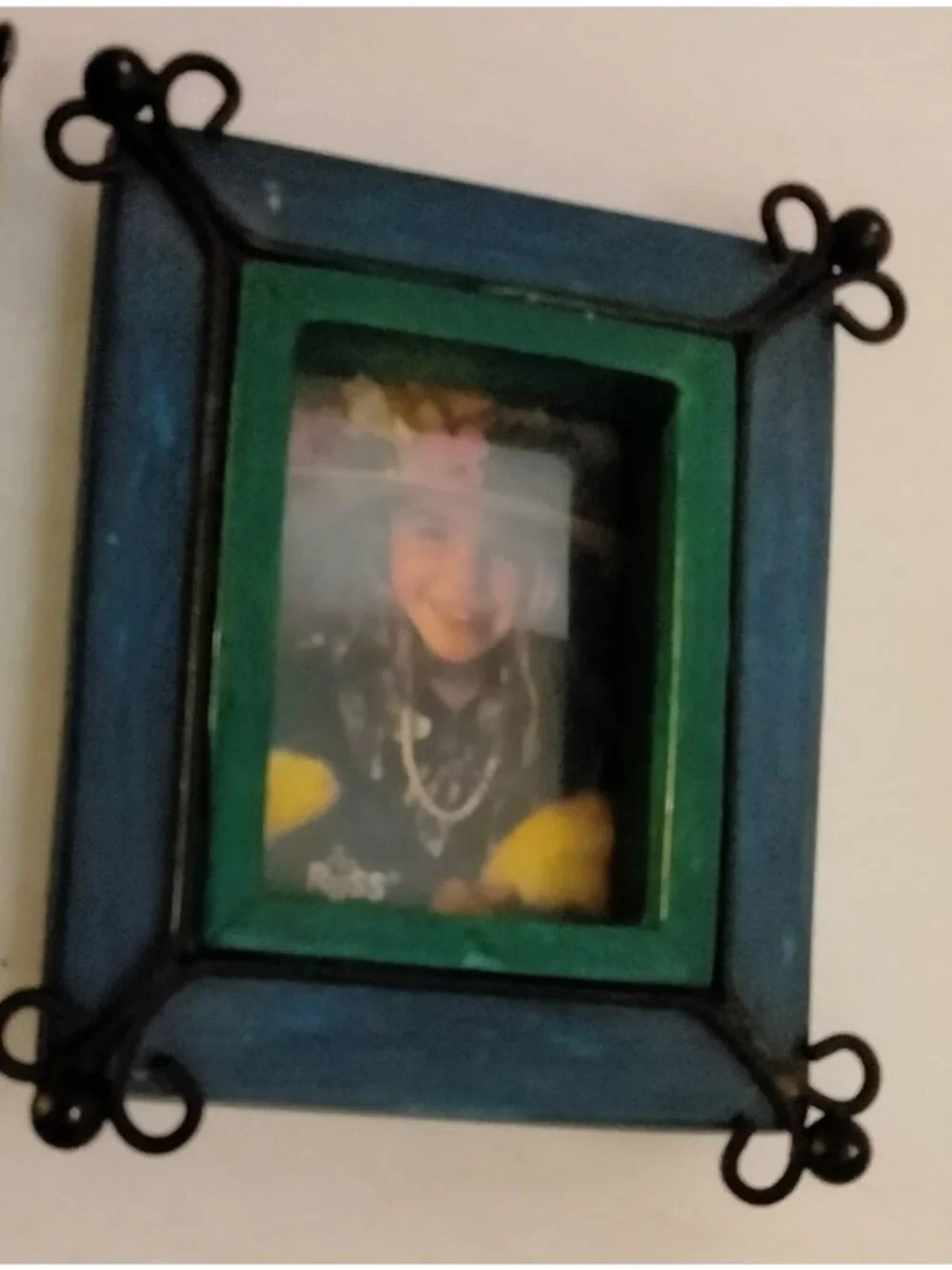 Miniature Wood Frame Blue Green Table Picture Metal Border 3 x 3